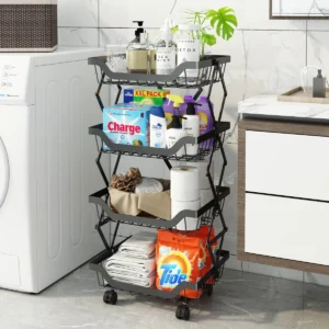 4-Tier 30'' H x 13.8'' W Utility Cart Metal Foldable Storage Rack with Wheels - No Installation Required
